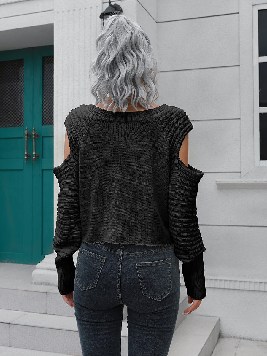 Cold Shoulder Round Neck Ribbed Long Sleeve Cropped Sweater 2