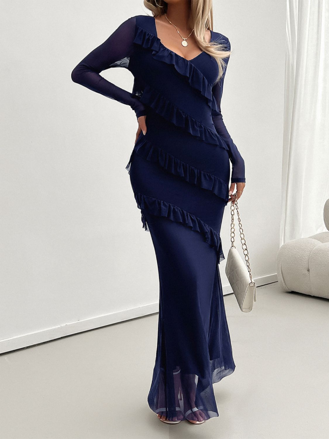 Mesh Surplice V-Neck Long Sleeve Tiered Ruffle Mermaid Maxi Dress 5