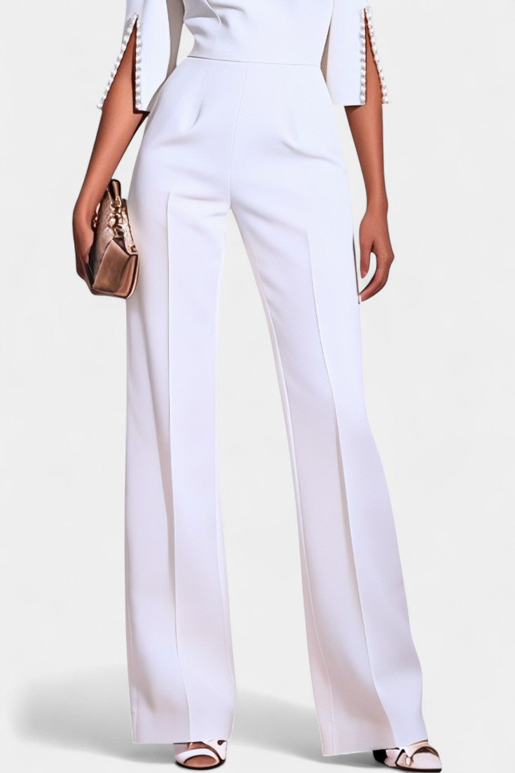 Boat Neck Pearl Trim Split Sleeve Wide Leg Jumpsuit