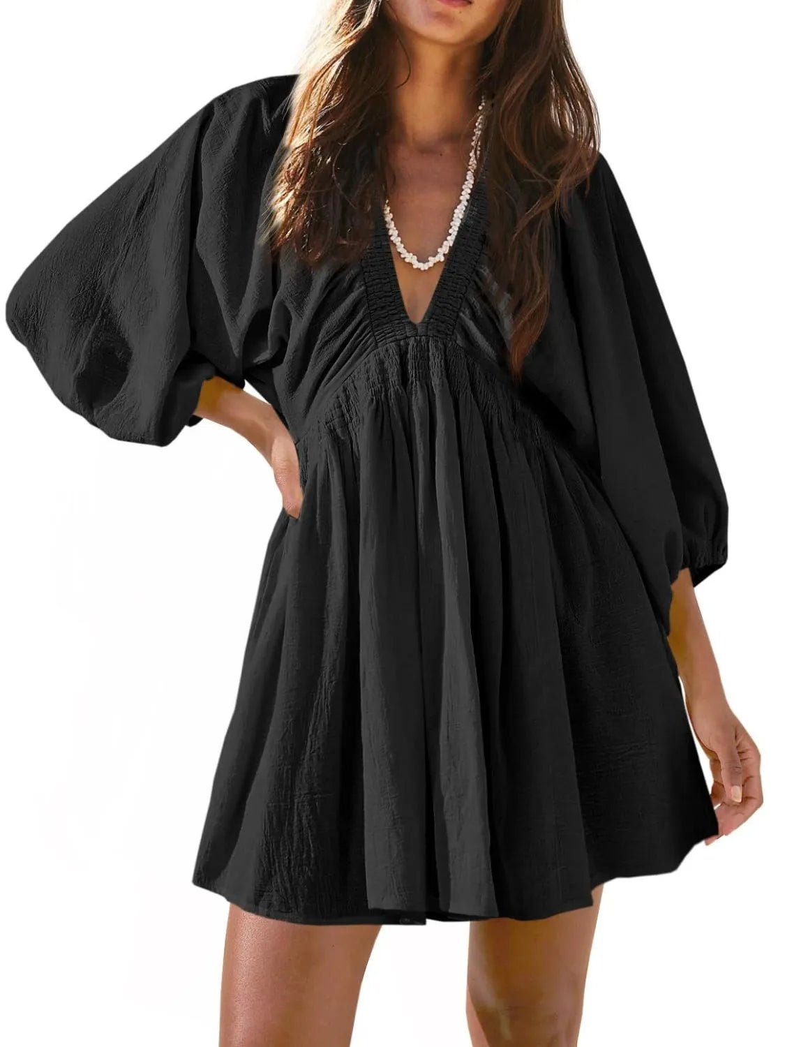 Textured Deep V-Neck Balloon Sleeve Smocked Waist Swing Mini Dress