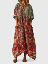 Ornate Print V-Neck Pocket Kaftan Maxi Dress