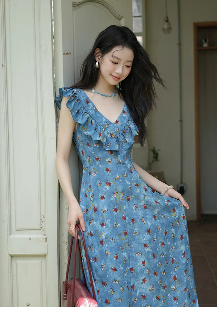 VNeck Ruffled Midi Floral Dress