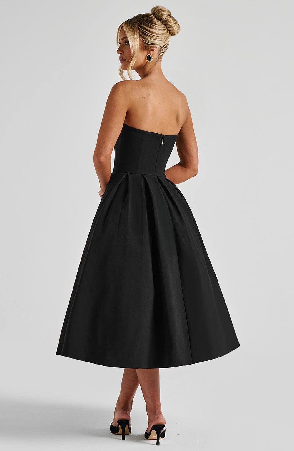 Strapless Straight Neck Box Pleated Full Skirt Midi Dress 6