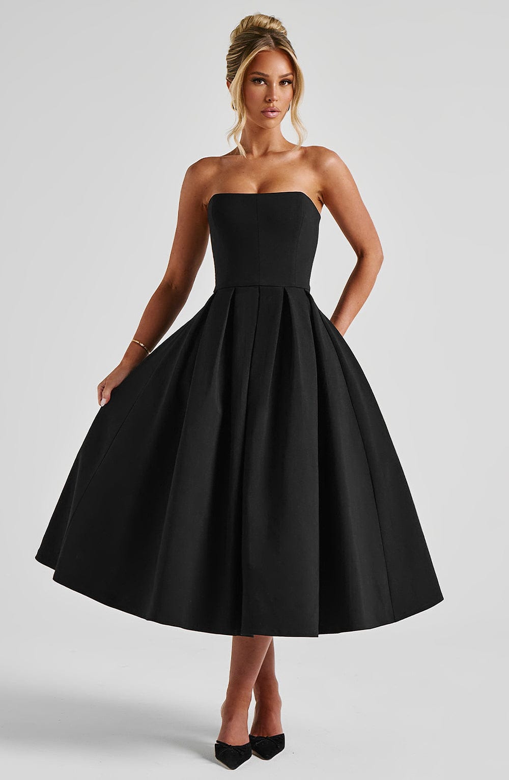 Strapless Straight Neck Box Pleated Full Skirt Midi Dress