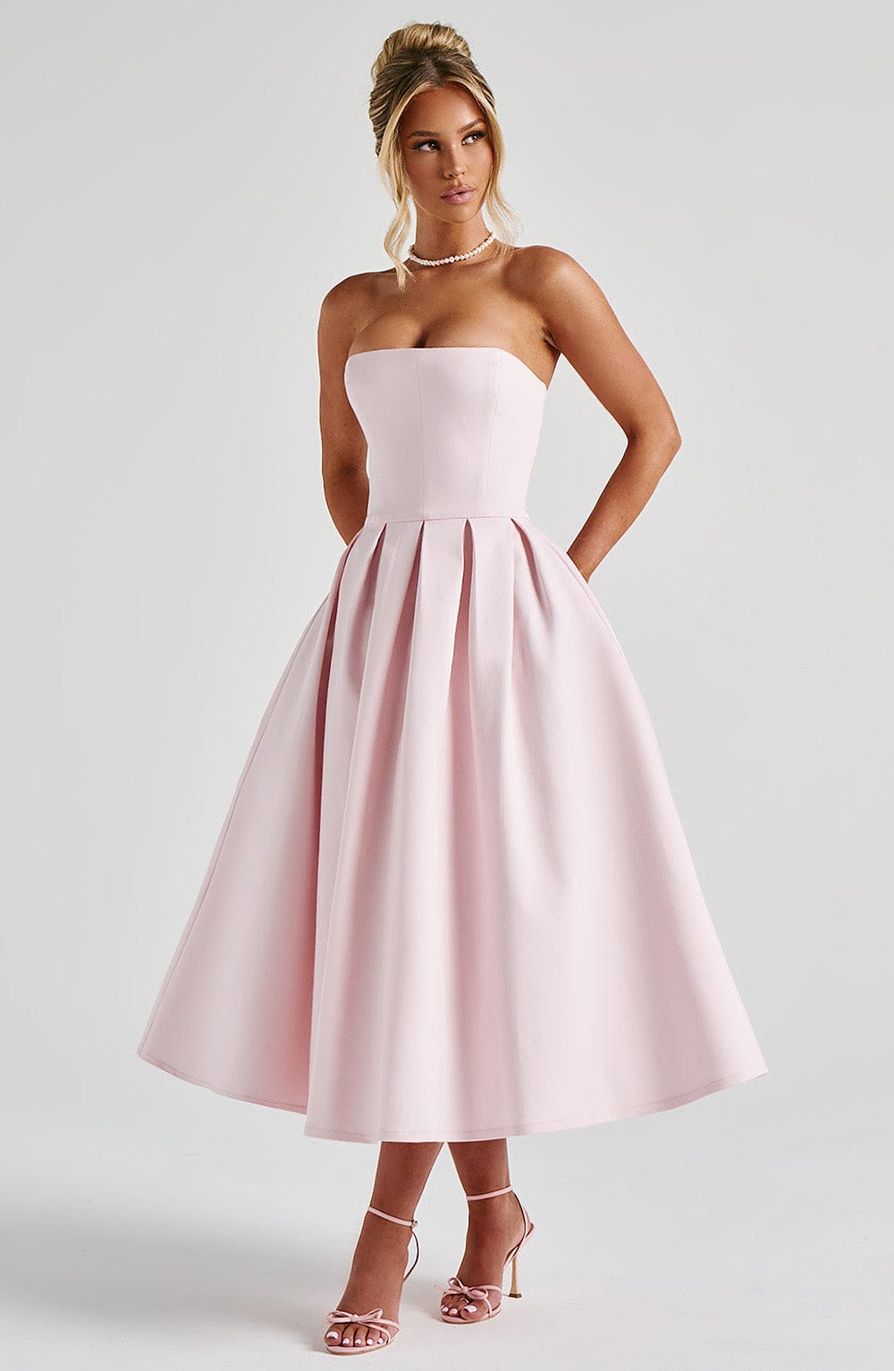 Strapless Corset Bodice Pleated A-Line Midi Dress 7