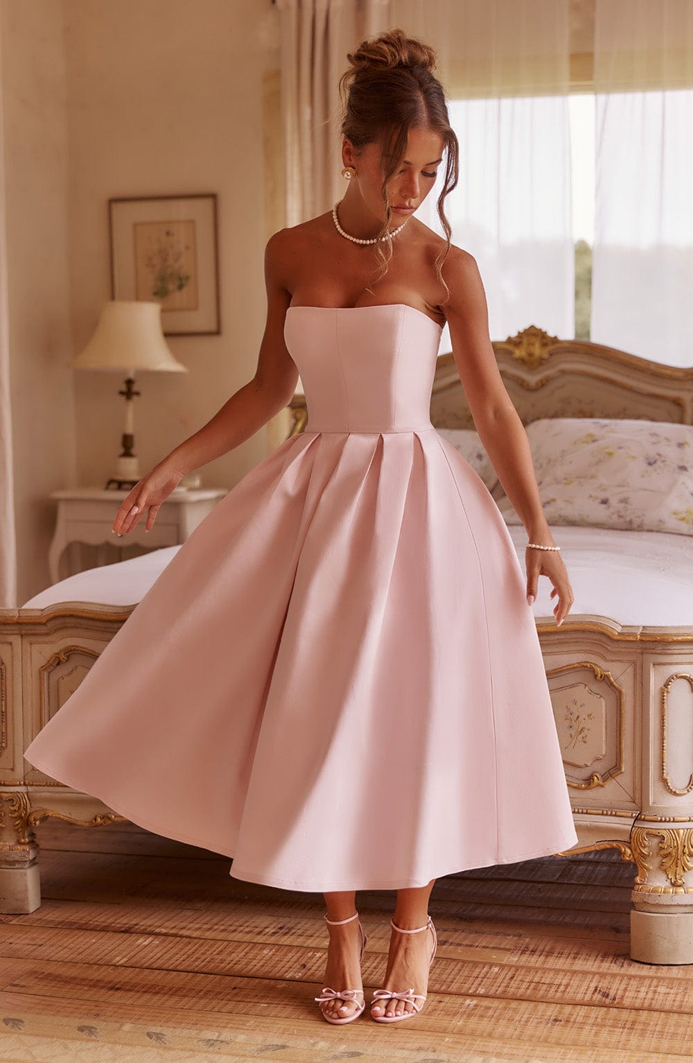 Strapless Corset Bodice Pleated A-Line Midi Dress