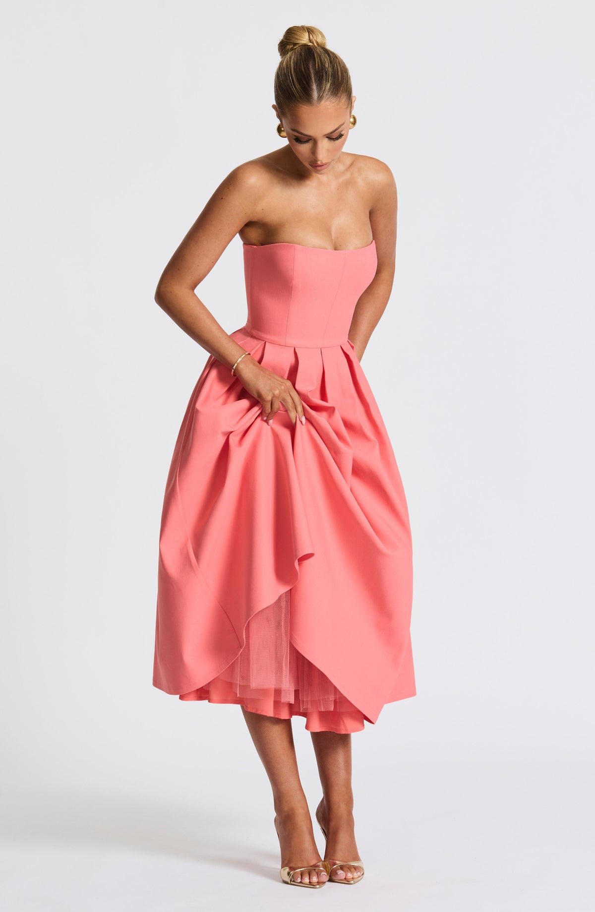 Strapless Fitted Bodice Box Pleat A-Line Midi Dress 4