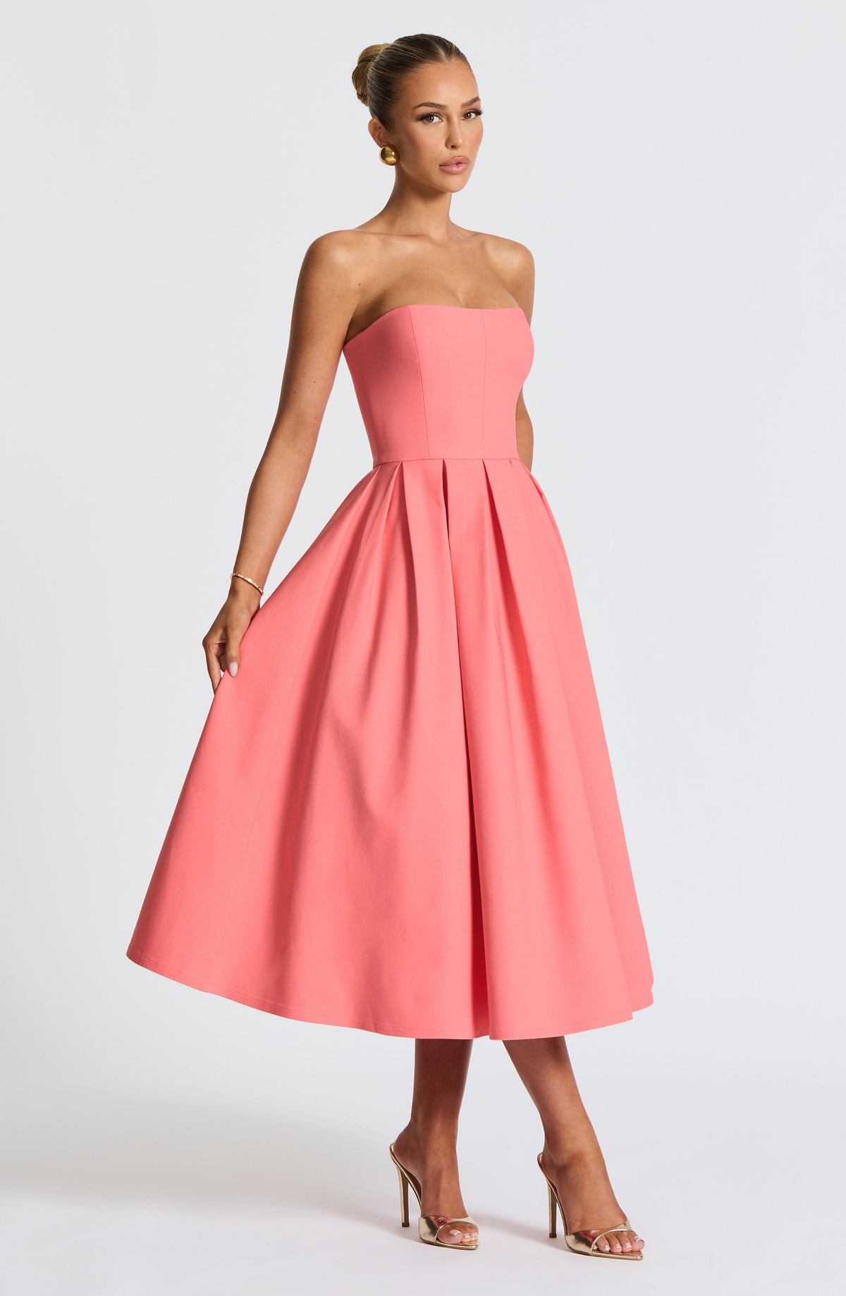Strapless Fitted Bodice Box Pleat A-Line Midi Dress 3