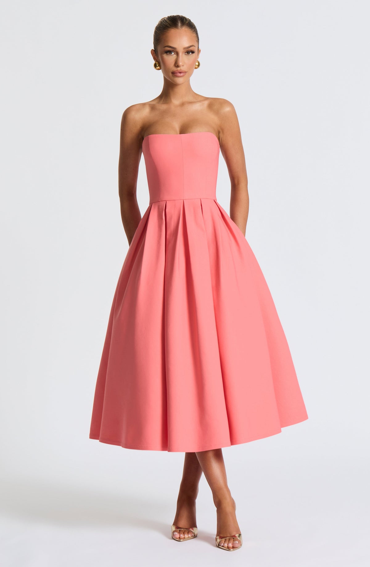 Strapless Fitted Bodice Box Pleat A-Line Midi Dress 7