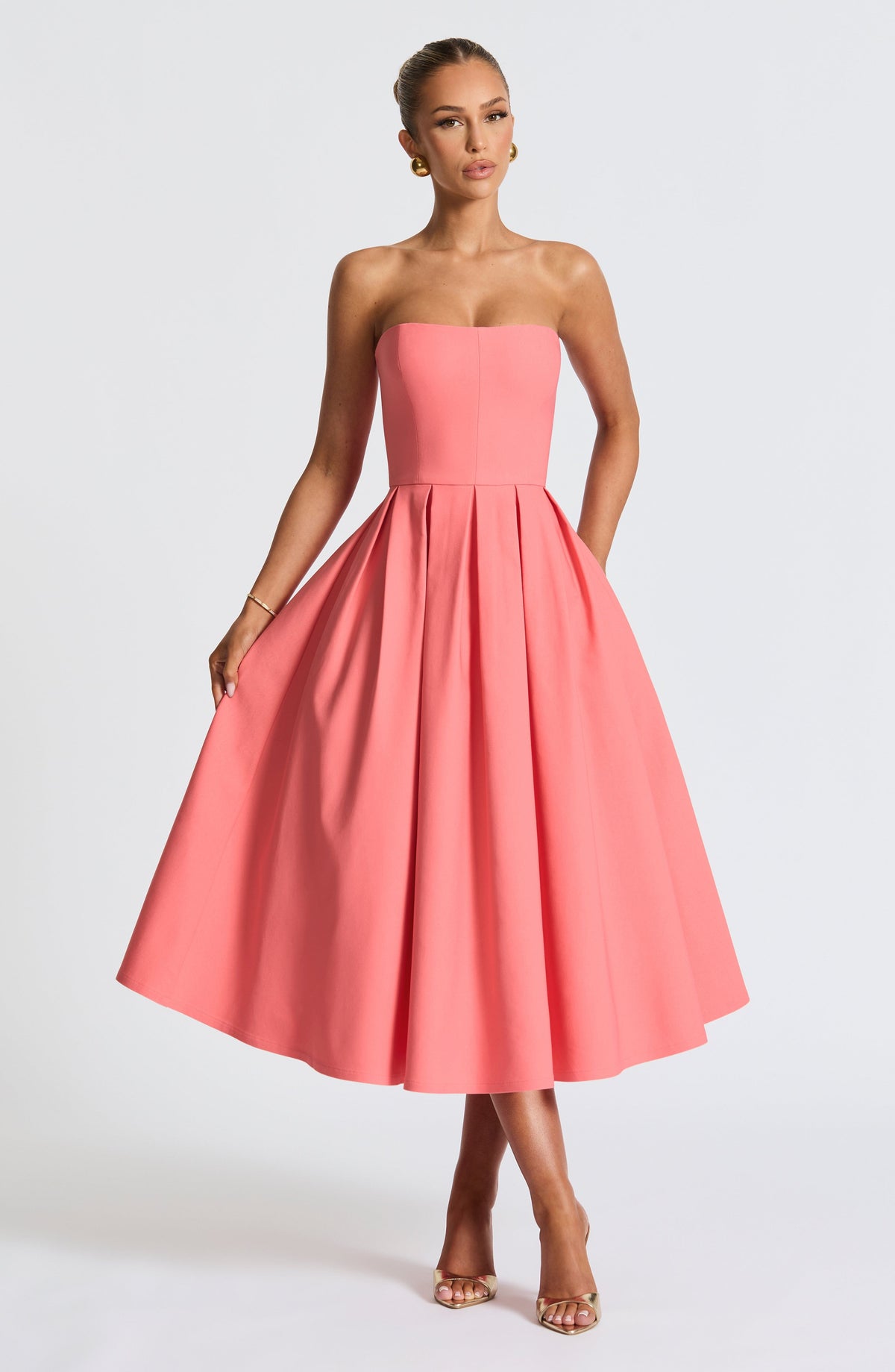 Strapless Fitted Bodice Box Pleat A-Line Midi Dress