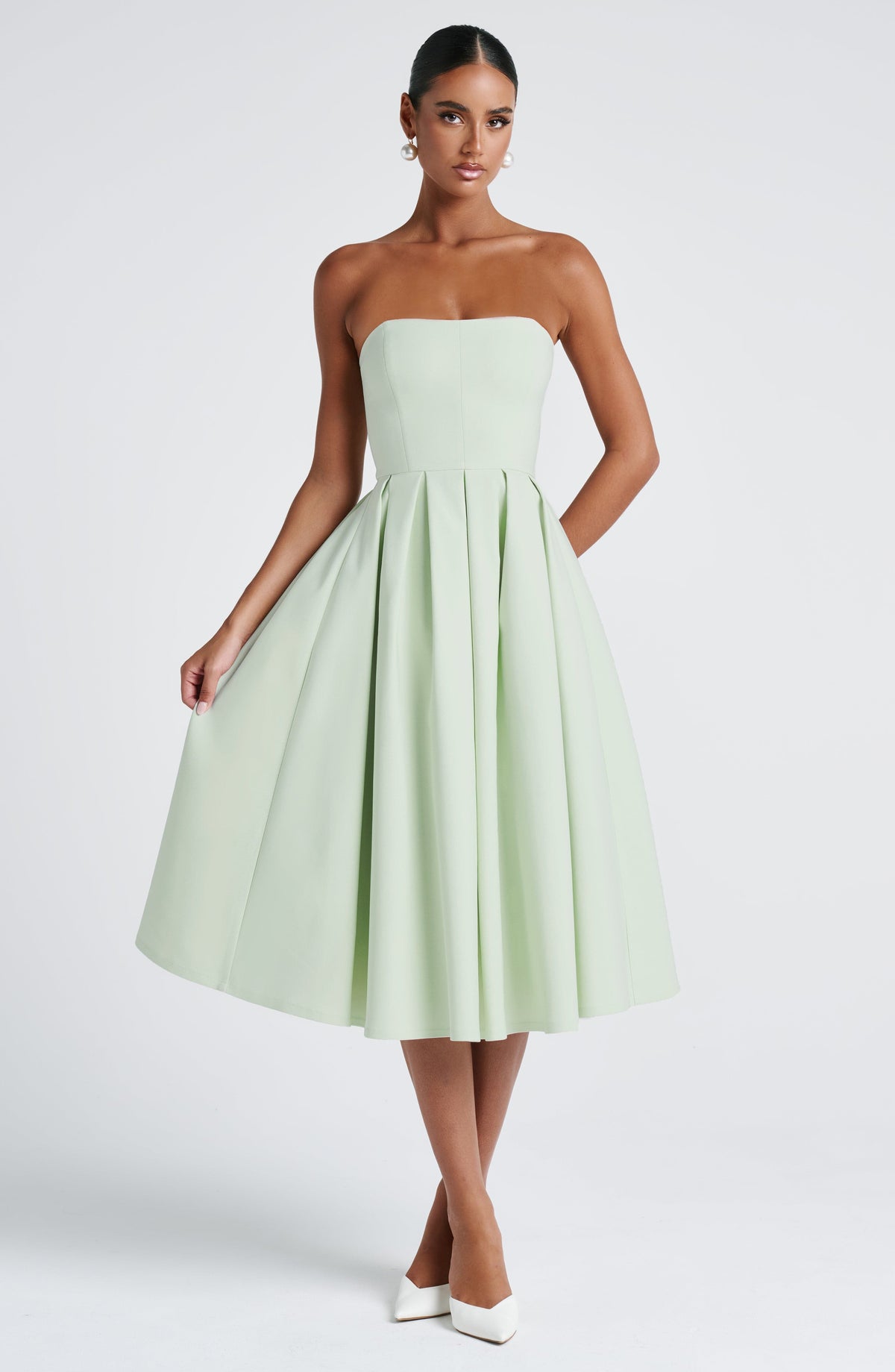 Strapless Fitted Bodice Box Pleat A-Line Midi Dress 7