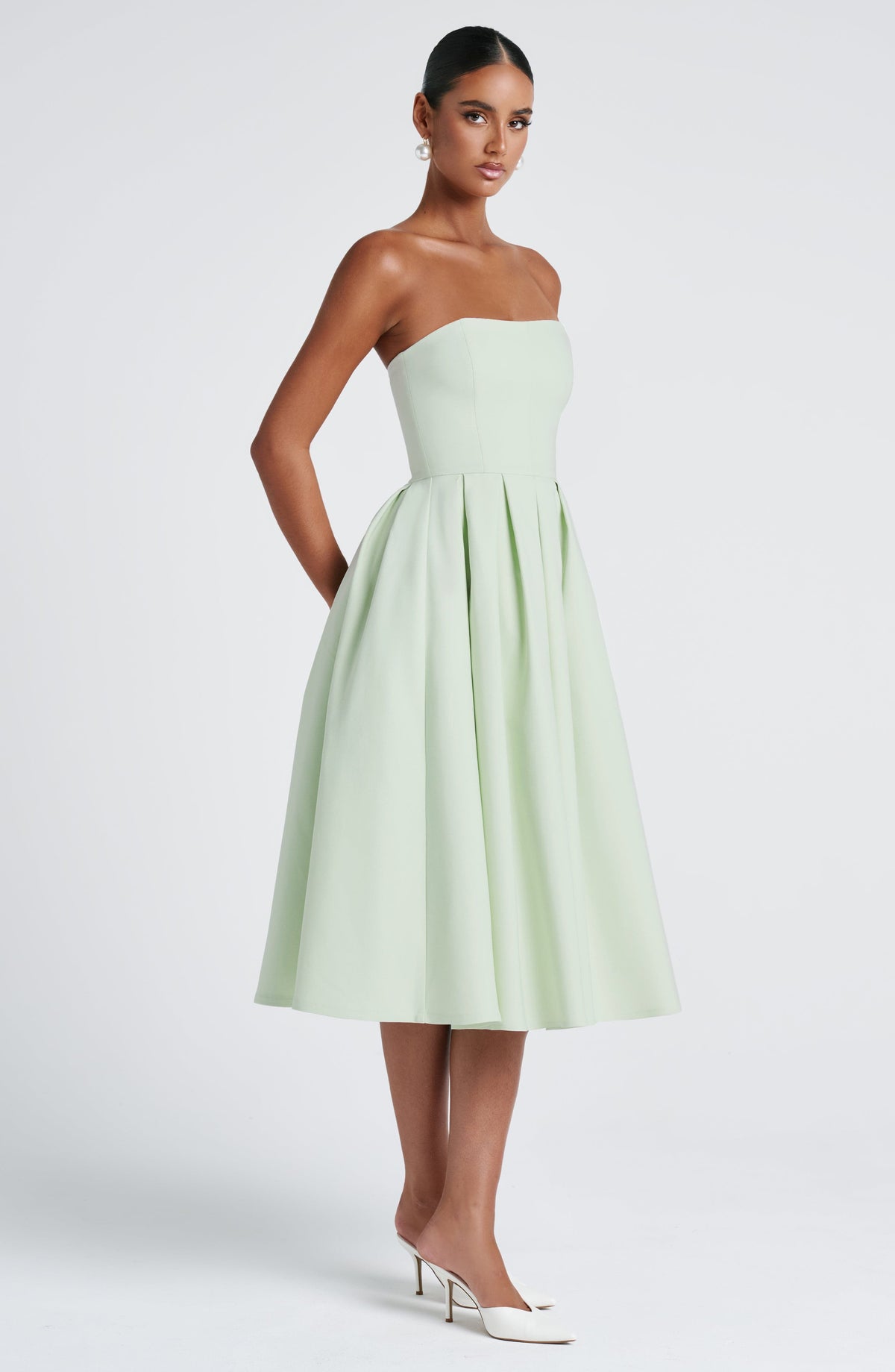 Strapless Fitted Bodice Box Pleat A-Line Midi Dress 6