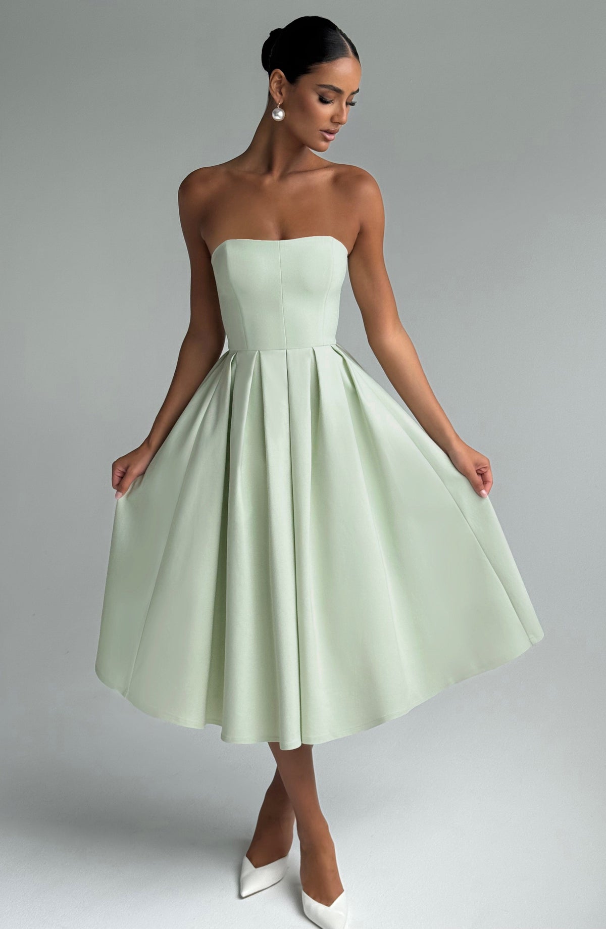 Strapless Fitted Bodice Box Pleat A-Line Midi Dress