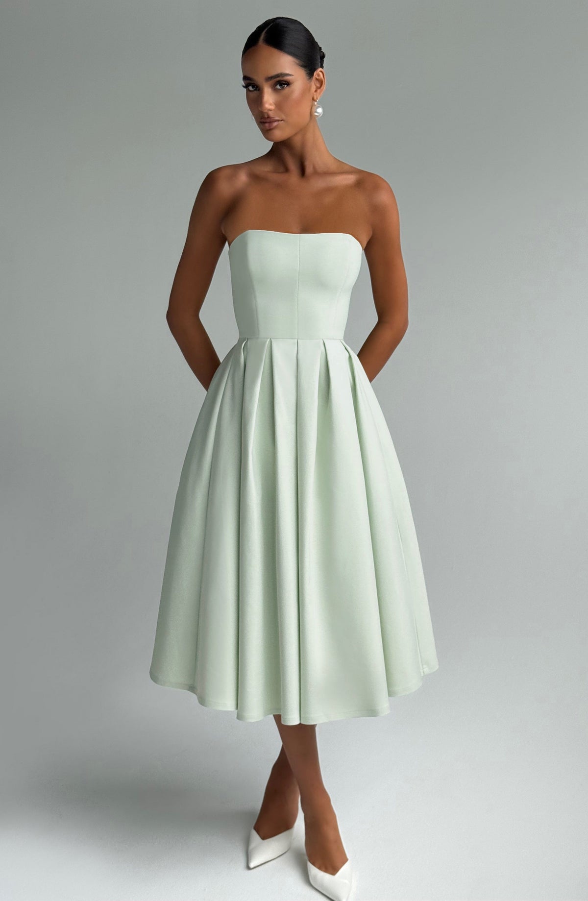 Strapless Fitted Bodice Box Pleat A-Line Midi Dress 2
