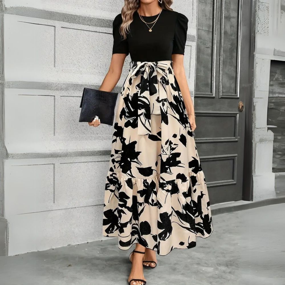 Faux Two Piece Floral Puff Sleeve Tiered Maxi Dress