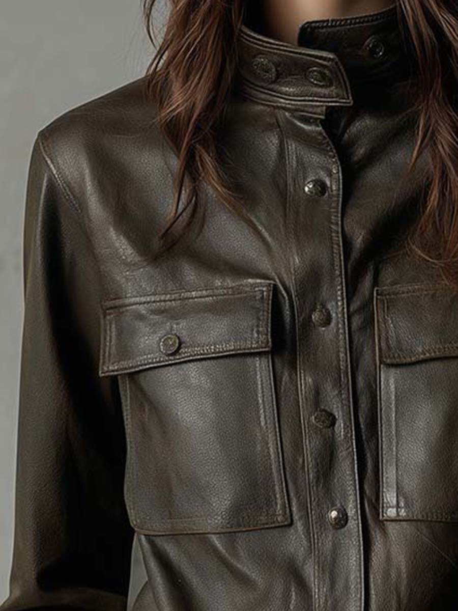 Dark Olive PU Leather Utility Shirt