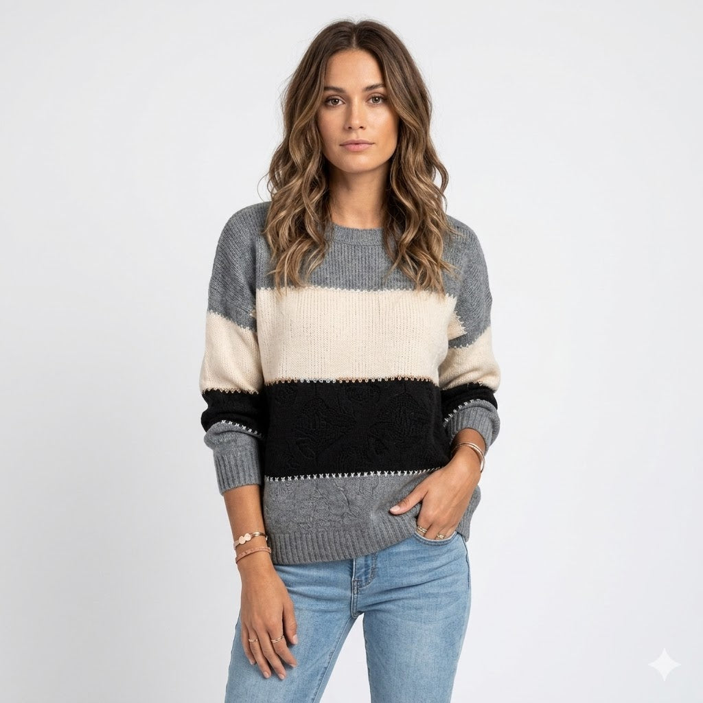 Colour Block Crew Neck Cable Knit Sweater