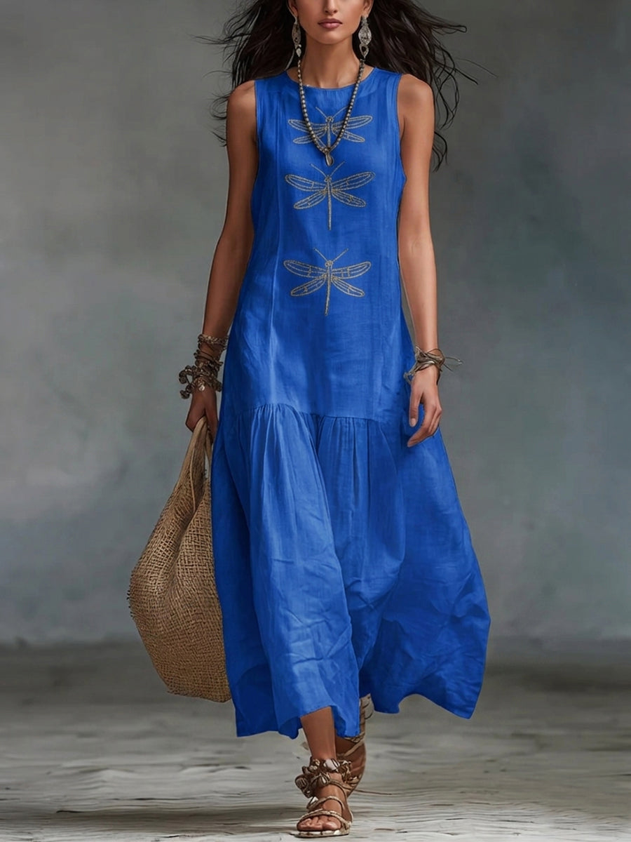 Sleeveless Dragonfly Print Tiered Maxi Dress