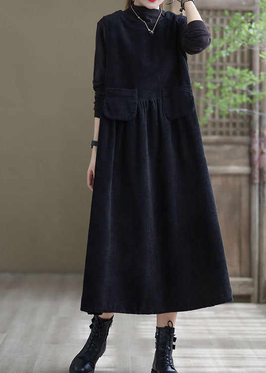 Corduroy Sleeveless Round Neck Flap Pocket Gathered Waist A-Line Midi Dress