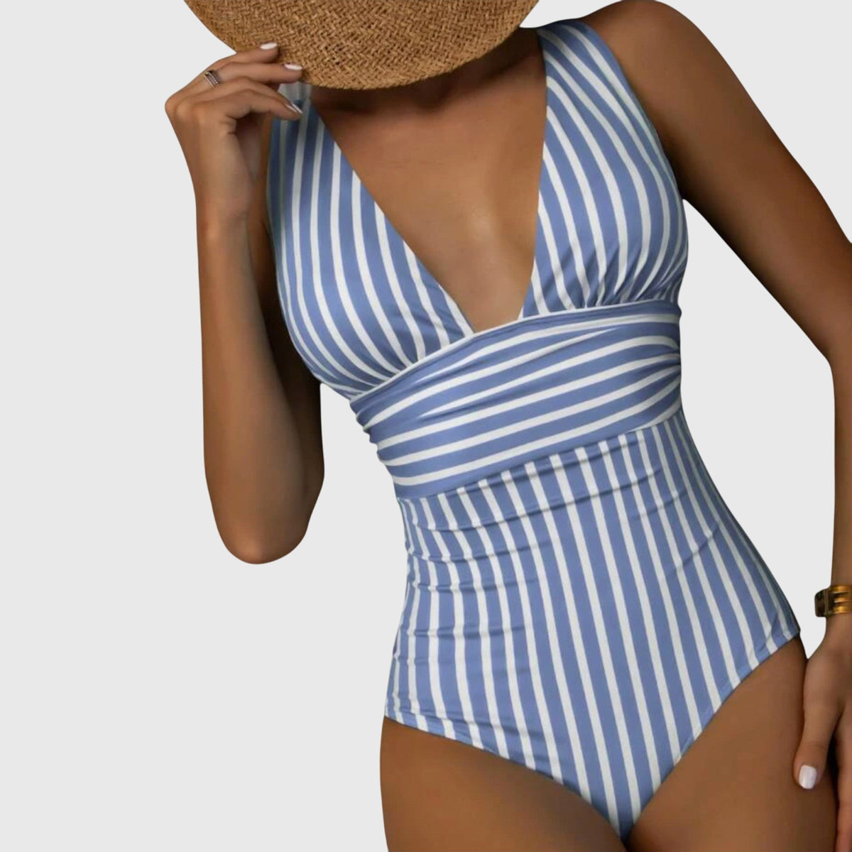 Striped Deep V-Neck Ruched One Piece Swimsuit