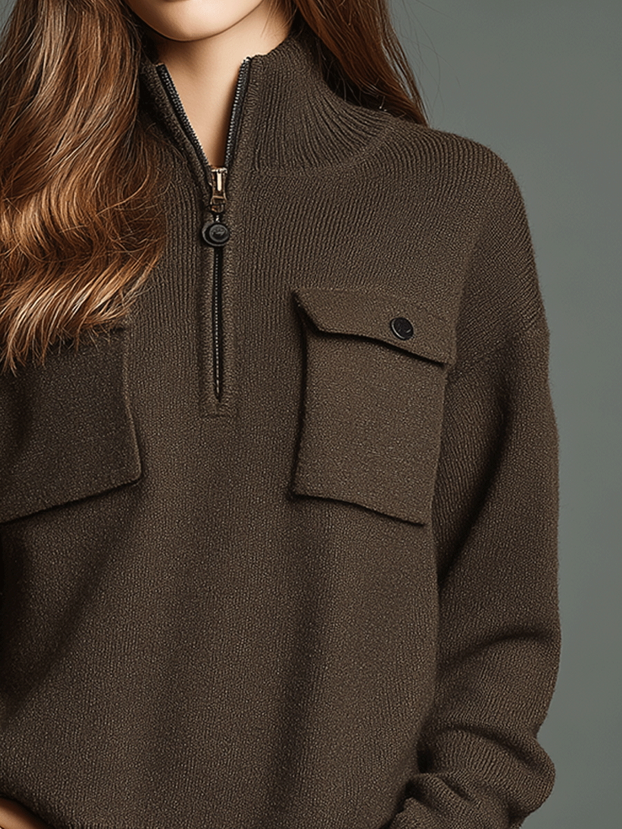 Casual And Comfortable Dark Brown Knitted Half-Zip Sweater