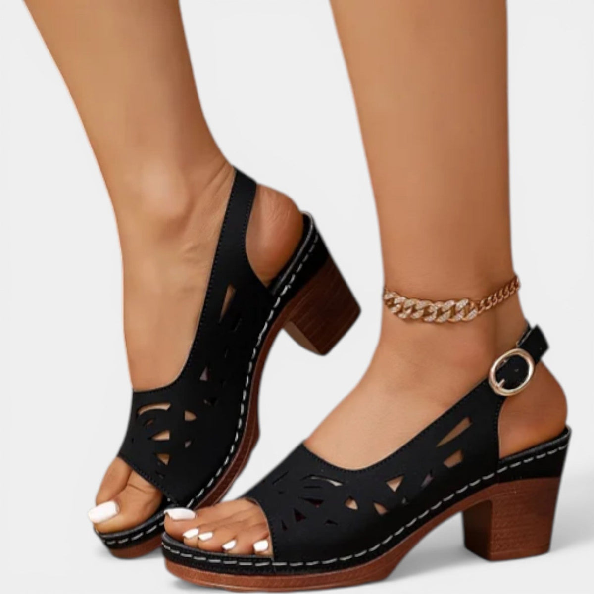 Peep Toe Laser Cut Slingback Block Heel Sandals