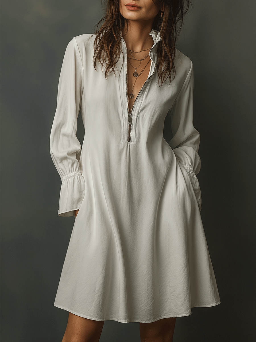 Elegant White Long Sleeve Flared Cuffs Shirt Mini Dress