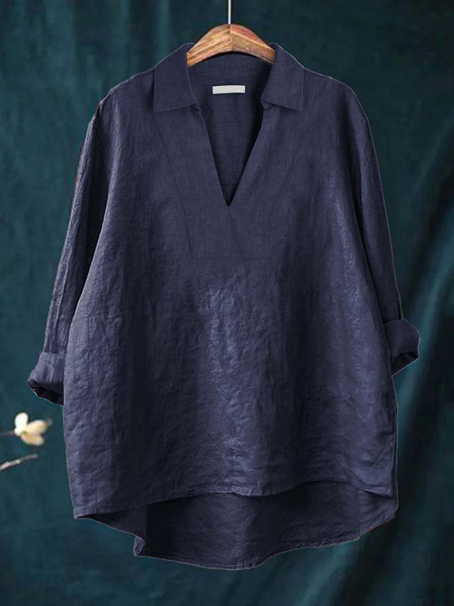 Collared V-Neck Long Sleeve Linen Look Popover Top