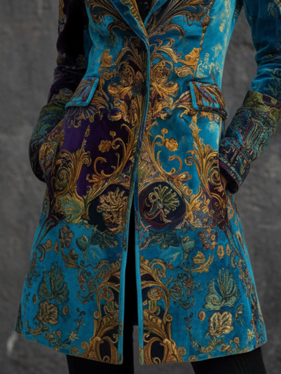 Vintage Boho Teal Baroque Velvet Coat - FashionAxe