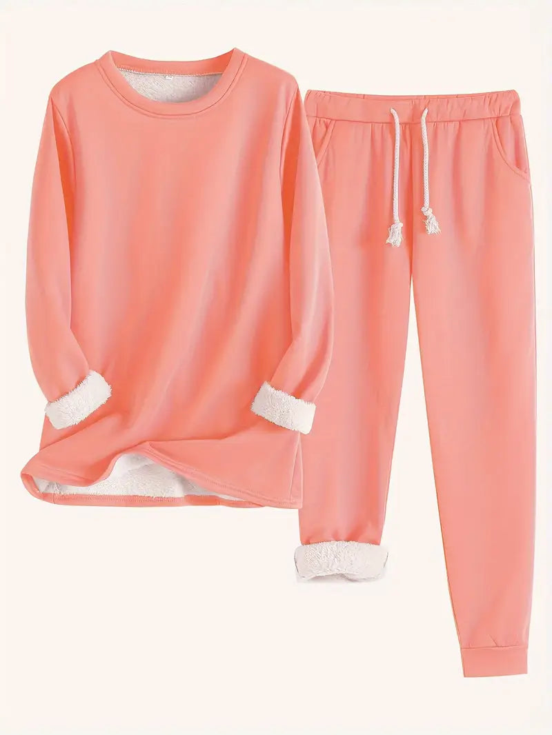 Fleece Lined Crew Neck Top and Jogger Pants Two Piece Set