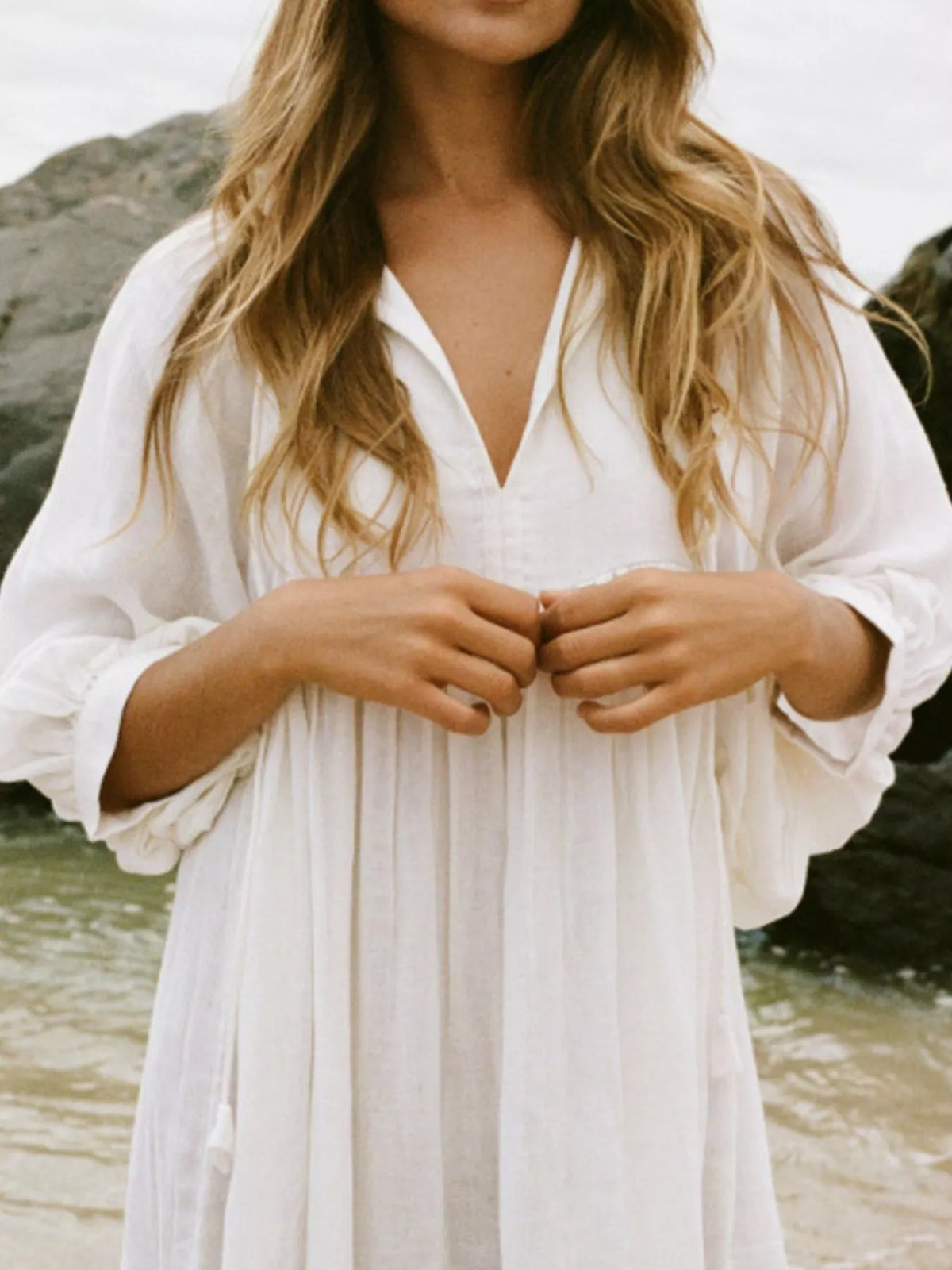 Split V-Neck Tie Neck Puff Sleeve Smock Midi Dress 2