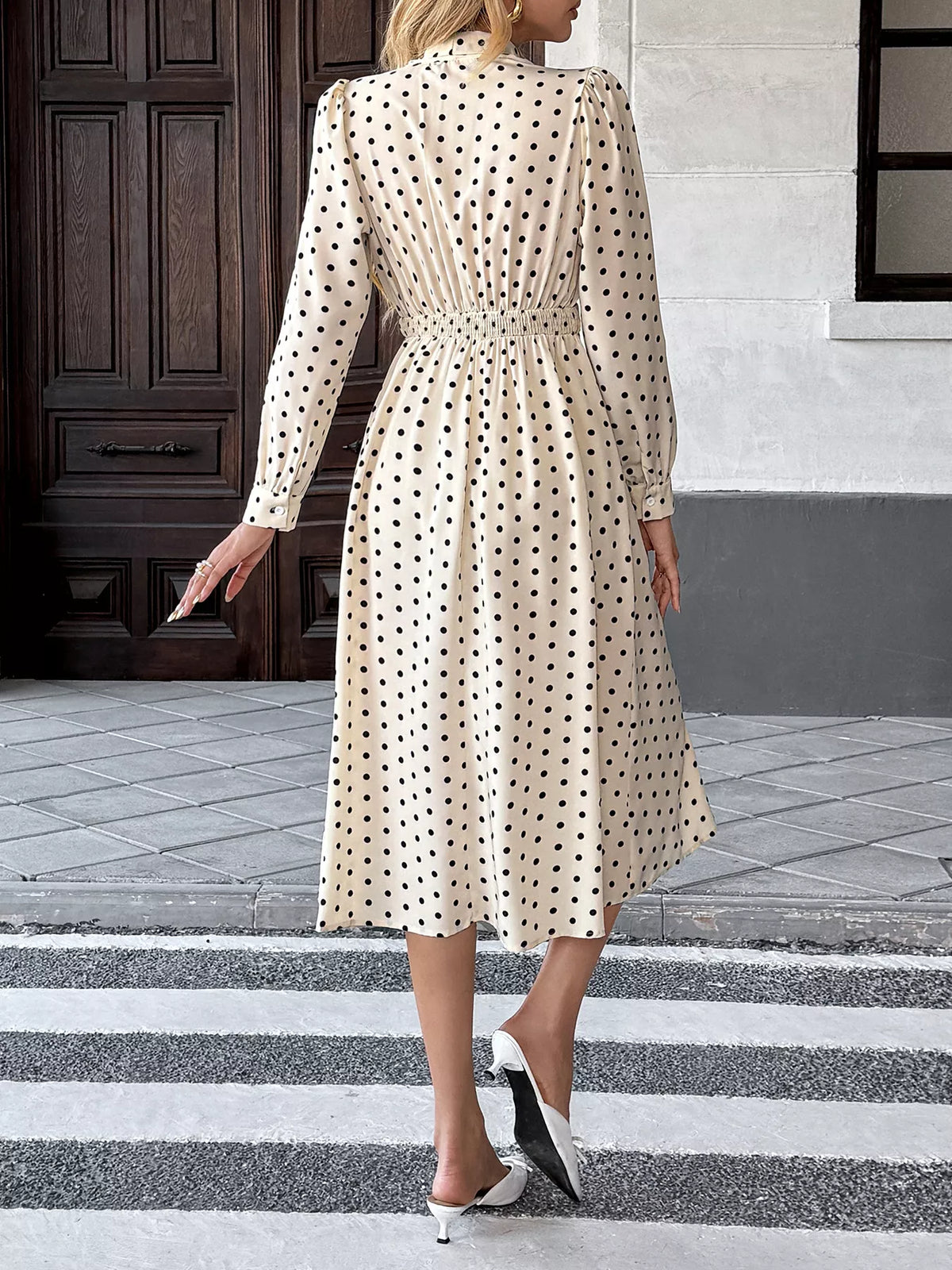 Polka Dot Bow Tie Neck Long Sleeve Pleated A-Line Midi Dress 6