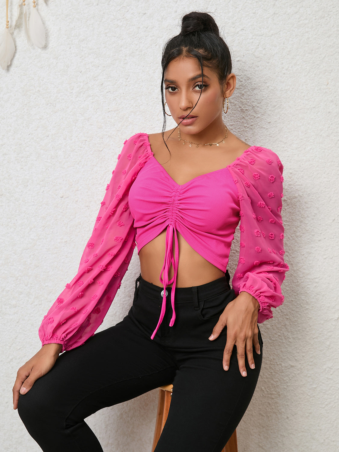 Swiss Dot Sheer Long Sleeve Drawstring Ruched Front Crop Top