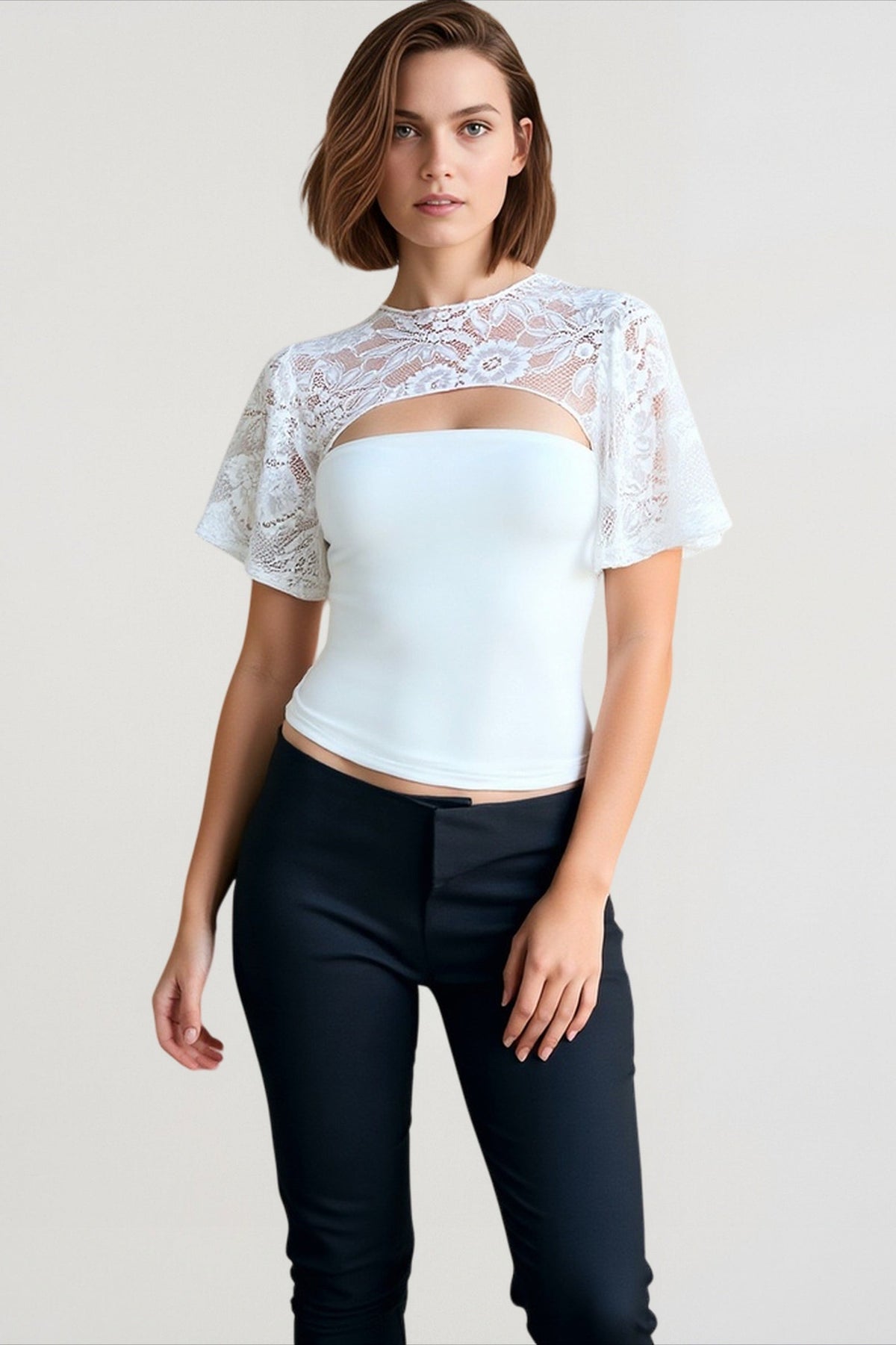 Lace Shrug Overlay Cut Out Flutter Sleeve Fitted Top