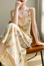 Printed V-Neck Satin Cami Maxi Silk Dress - View 2