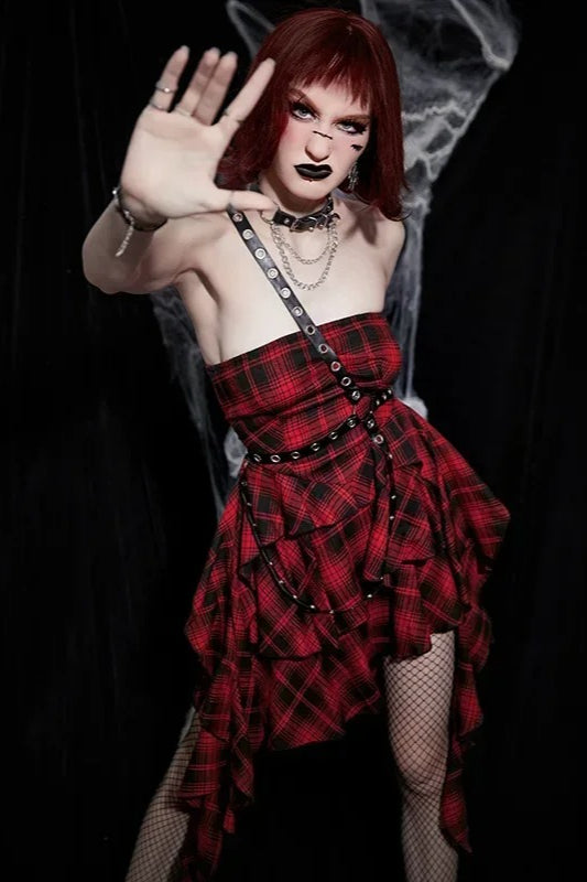 Halloween Sexy Red Black Plaid One Shoulder Dress