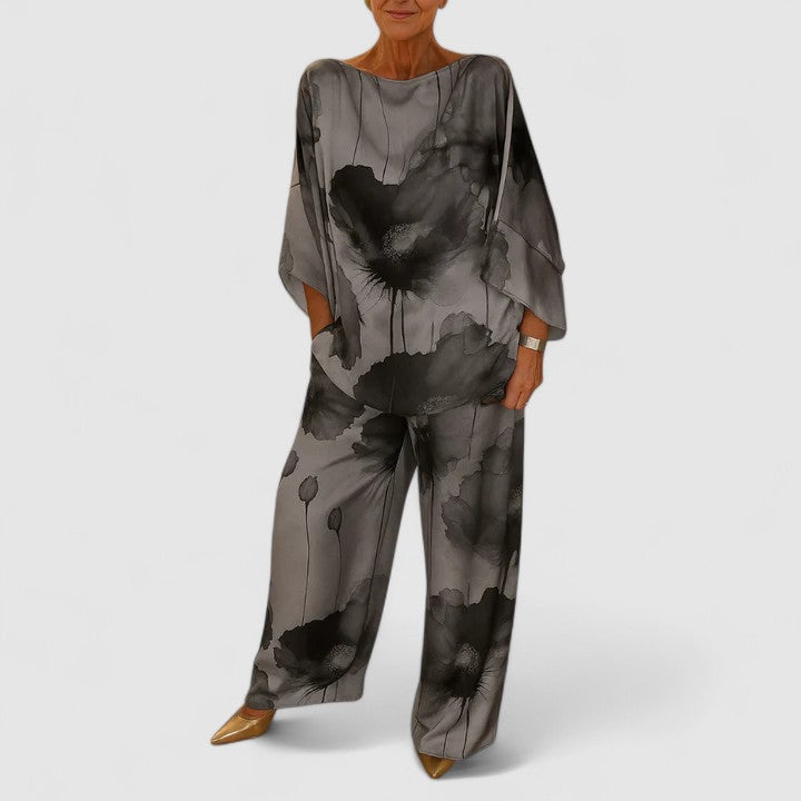 Floral Print Satin Batwing Sleeve Top and Wide Leg Pants Two Piece Set