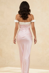 Pink Satin Ruched Charming Contrast Sleeve Dress