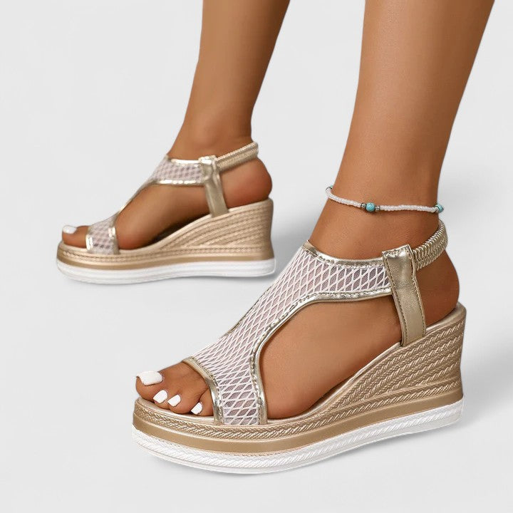 Open Toe Fishnet Mesh Platform Wedge Sandals