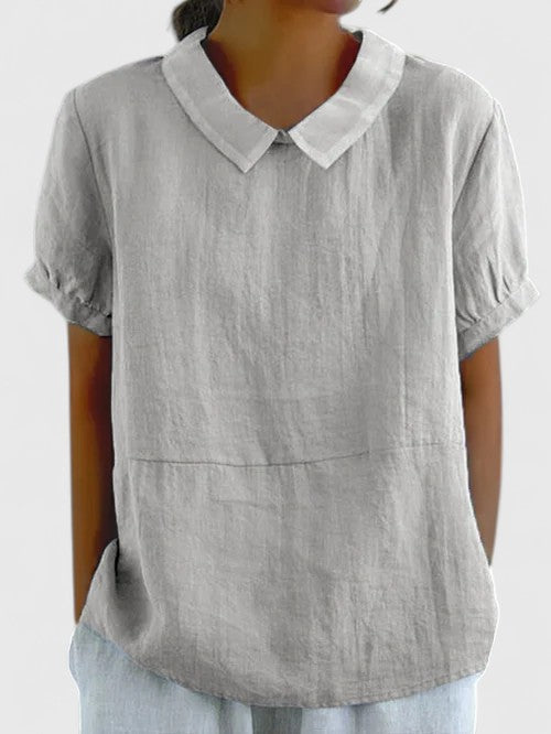 Contrast Collar Short Sleeve Linen Look Top