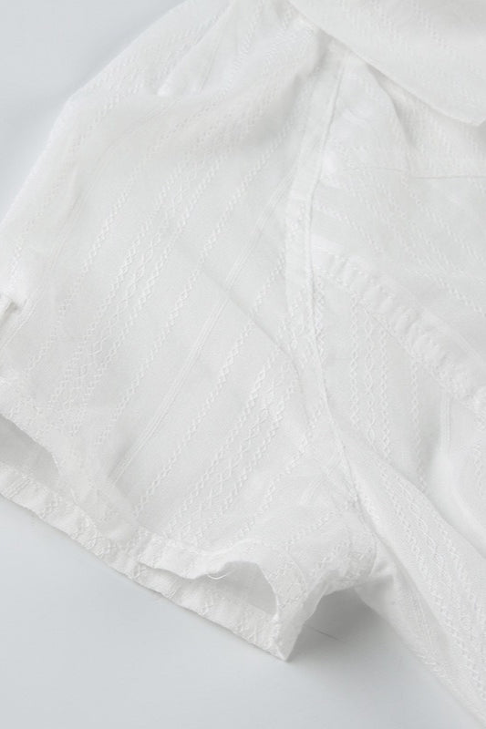 Collared Short Sleeve Ruched Button Front Textured Stripe Blouse 4
