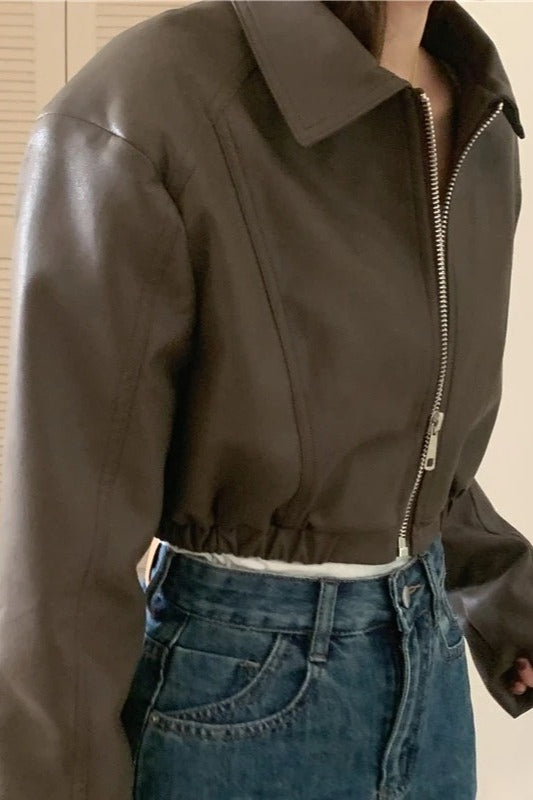 French Design Zipper Crop Leather Jacket