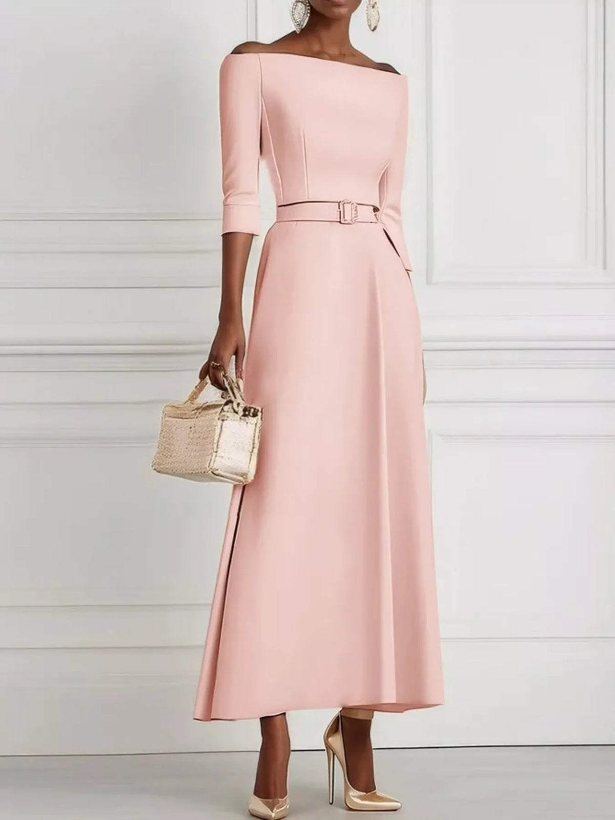 Off Shoulder Half Sleeve Belted A-Line Maxi Dress 10