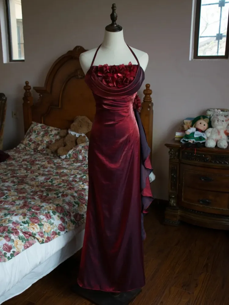 Vintage Burgundy Floral Long Prom Dress Halter Party Evening Gown cc1492