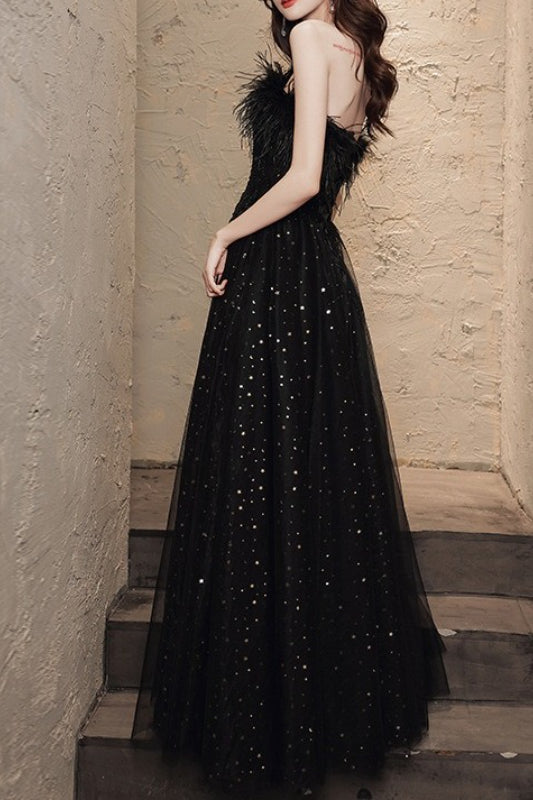 Feather Trim Ball Gown Prom Dress
