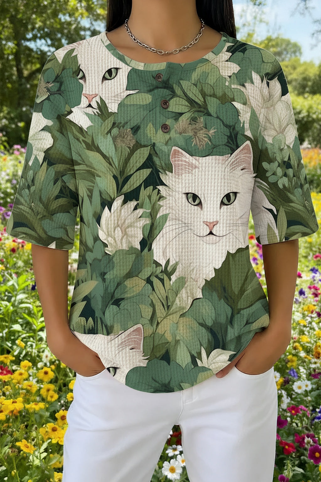 Womens Green Monstera Leaf White Cat Print Casual Shirt