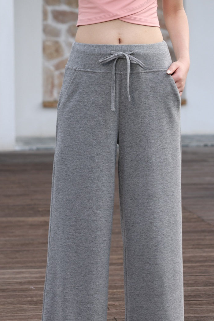 High Waist Drawstring Waffle Knit Wide Leg Lounge Pants 4