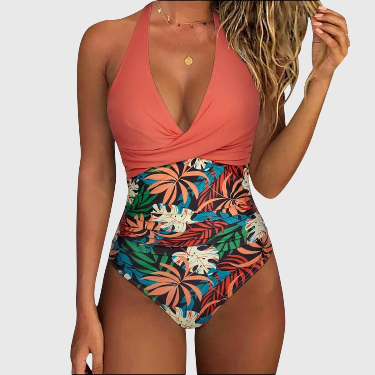 Tropical Leaf Halter Neck Deep V Ruched One Piece Swimsuit