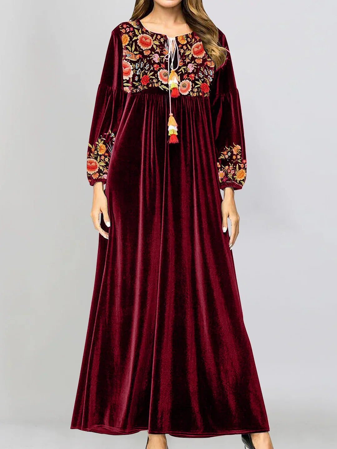 Flower Printed Panel Tassel Velvet Maxi Dress - View 3