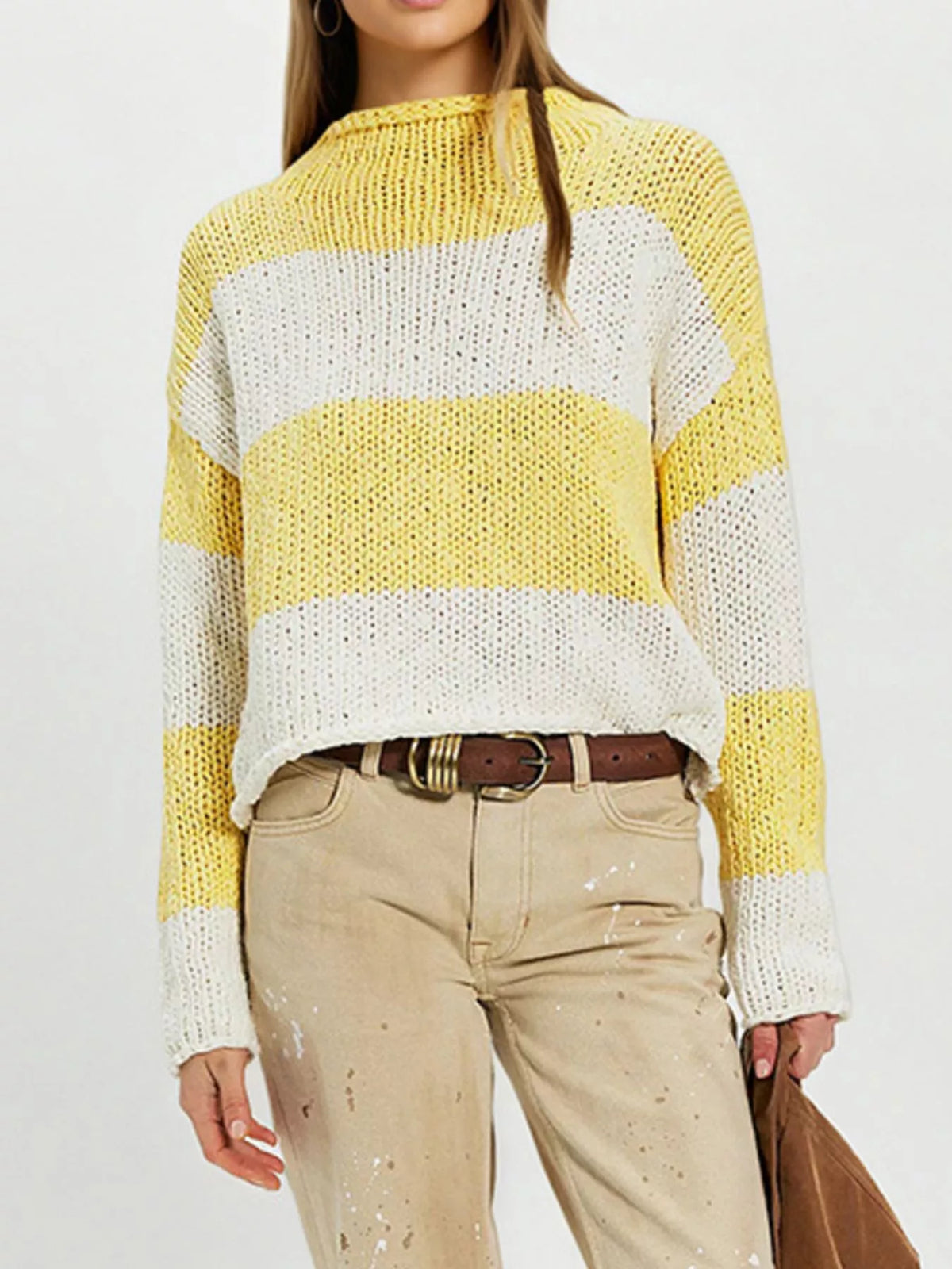 Wide Striped Mock Neck Long Sleeve Chunky Knit Cropped Sweater 9